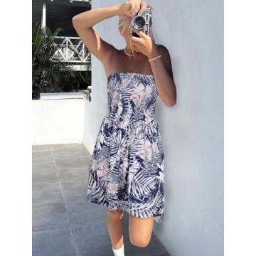 CHICGAL Summer Dresses for Women Beach Cover Ups Strapless Boho Floral Print Sundress