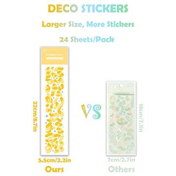 24 Sheets Korean Deco Stickers Set, DIY Colorful Glitter Self Adhesive Stickers with Heart Ribbon Star Love Style, Kpop Potocard Korean Stickers, Cute Deco Stickers (RainbowTown-24P)