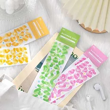 24 Sheets Korean Deco Stickers Set, DIY Colorful Glitter Self Adhesive Stickers with Heart Ribbon Star Love Style, Kpop Potocard Korean Stickers, Cute Deco Stickers (RainbowTown-24P)