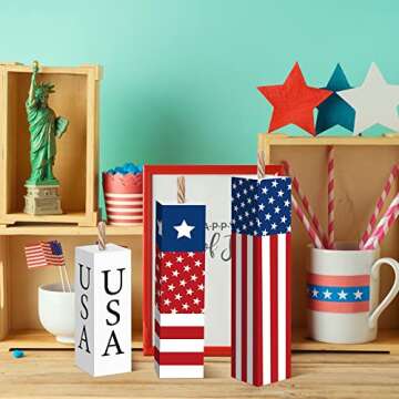 Amyhill 3 Pcs 4th of July Wooden Table Decorations Patriotic Table Centerpieces Independence Day Wood Firework Fourth of July Table Signs for Home Farmhouse Decor(Star)