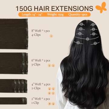 DOORES Clip in Hair Extensions Real Human Hair, Dark Brown 150g 9pcs 20 Inch, Clip in Extensions Rea...