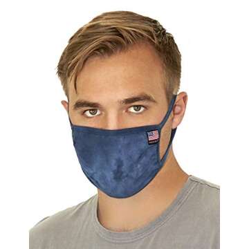Tart Collections 100% Cotton Face Mask, Comfortable Non-Elastic Ear Loops, Washable and Reusable, Unisex, Made in USA Label, Navy Blue Tie Dye