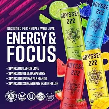 Odyssey 222 Energy Drink, Pre Workout, 222mg Caffeine, Clean Energy Drinks, L Theanine, Lions Mane, Cordyceps & Green Tea for Energy, Focus & Mood Boost, Low Calorie, Variety Pack, 12 Fl oz, 12 Pack