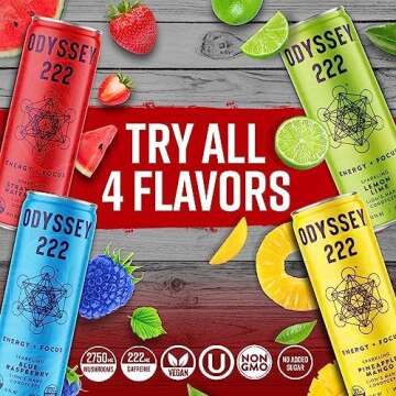 Odyssey 222 Energy Drink, Pre Workout, 222mg Caffeine, Clean Energy Drinks, L Theanine, Lions Mane, Cordyceps & Green Tea for Energy, Focus & Mood Boost, Low Calorie, Variety Pack, 12 Fl oz, 12 Pack