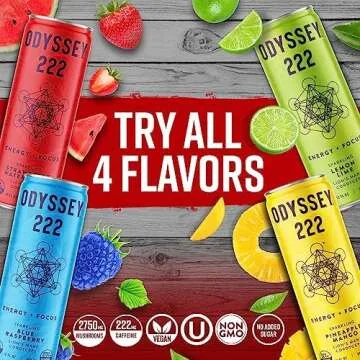 Odyssey 222 Energy Drink, Pre Workout, 222mg Caffeine, Clean Energy Drinks, L Theanine, Lions Mane, Cordyceps & Green Tea for Energy, Focus & Mood Boost, Low Calorie, Variety Pack, 12 Fl oz, 12 Pack