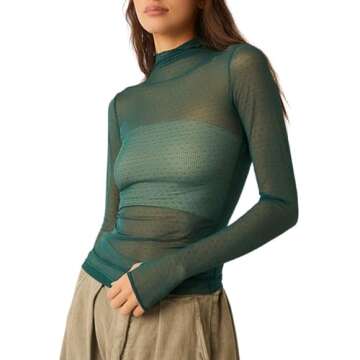 Sheer Mesh Long Sleeve Layering Top for Women Mock Neck Floral Lace Tshirt See Through Tee Shirt Blo...