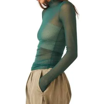 Sheer Mesh Long Sleeve Layering Top for Women Mock Neck Floral Lace Tshirt See Through Tee Shirt Blouse(Dot Army Green,Medium