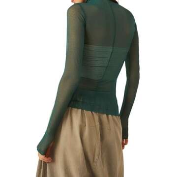 Sheer Mesh Long Sleeve Layering Top for Women Mock Neck Floral Lace Tshirt See Through Tee Shirt Blouse(Dot Army Green,Medium