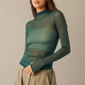 Sheer Mesh Long Sleeve Layering Top for Women Mock Neck Floral Lace Tshirt See Through Tee Shirt Blouse(Dot Army Green,Medium