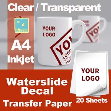 Rolurious Waterslide Decal Paper 20 Sheets Inkjet Clear Printable A4 Size Transparent Water Slide Transfer for Tumblers Mugs Glasses Wood