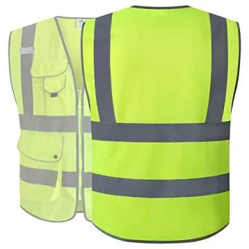 JKSafety 9 Pockets Class 2 High Visibility Zipper Front Safety Vest With Reflective Strips, Yellow M...