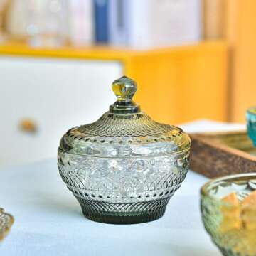 Sungmor Vintage Embossed Glass Candy Storage Jar with Lid - Decorative Colorful Crystal Candy Dish