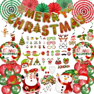 Christmas Party Decorations Set, Merry Christmas Banner, Spiral Strip Ornaments, Balloons for Santa ...