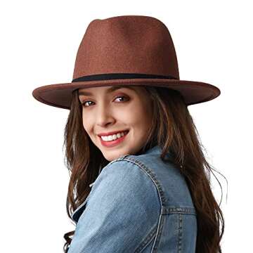 FURTALK Fedora Hats for Women Men Wide Brim Felt Fedora Hat Womens Wool Belt Buckle Fedora Hat Dark Orange