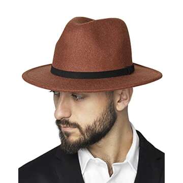 FURTALK Fedora Hats for Women Men Wide Brim Felt Fedora Hat Womens Wool Belt Buckle Fedora Hat Dark Orange