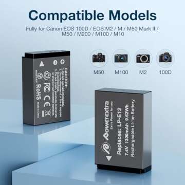 Powerextra 2 Pack LP-E12 Battery and Dual USB Charger Smart LCD Display Compatible with Canon EOS-M, EOS M2, EOS M10, EOS M50, EOS M50 Mark II, EOS M100, EOS M200, SX70 HS, Rebel SL1 Digital Cameras