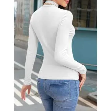 UEAL Womens Basic Tops Turtle Neck Long Sleeve Fitted Thermal Fall Layering Shirt Women Small White