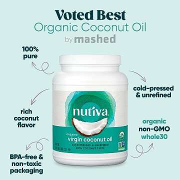Nutiva Organic Coconut Oil 78 fl oz, Cold-Pressed, Unrefined Cooking Oil, Natural Hair Oil, Skin Oil, Massage Oil and, Non-GMO, USDA Organic, Extra Virgin Coconut Oil (Aceite de Coco)
