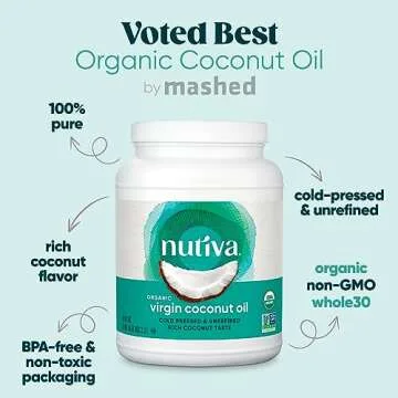 Nutiva Organic Coconut Oil 78 fl oz, Cold-Pressed, Unrefined Cooking Oil, Natural Hair Oil, Skin Oil, Massage Oil and, Non-GMO, USDA Organic, Extra Virgin Coconut Oil (Aceite de Coco)