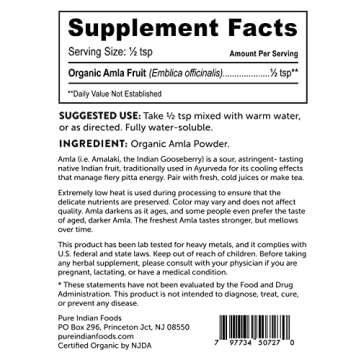 Pure Indian Foods Organic Amla Powder, 8 oz, Water-Soluble Amalaki, Ayurveda Dietary Supplement Dissolves Completely in Water, Perfect for Capsules