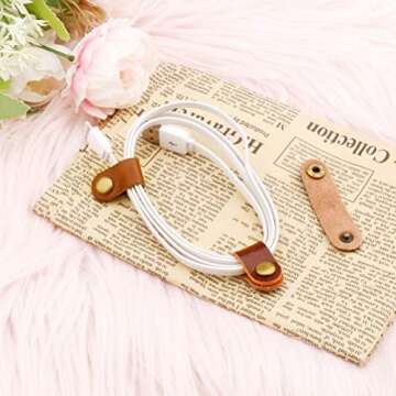 10 Pcs Cord Organizer, Stocking Stuffers for Men Portable Earphone Cord holder Winder keeper, Leather Cable Cord USB Straps, Leather Handmade (Light Brown)