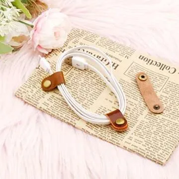 10 Pcs Cord Organizer, Stocking Stuffers for Men Portable Earphone Cord holder Winder keeper, Leather Cable Cord USB Straps, Leather Handmade (Light Brown)