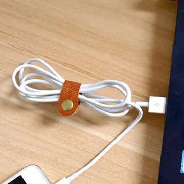 10 Pcs Cord Organizer, Stocking Stuffers for Men Portable Earphone Cord holder Winder keeper, Leather Cable Cord USB Straps, Leather Handmade (Light Brown)