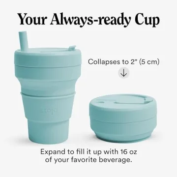 STOJO Collapsible Travel Cup With Straw - Aquamarine, 16oz / 470ml - Reusable To-Go Pocket Size Silicone Cup for Hot and Cold Drinks - Perfect for Camping and Hiking - Microwave & Dishwasher Safe