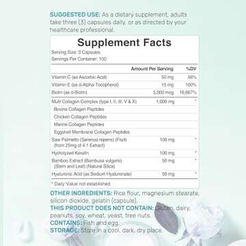 Multi Collagen Pills with Vitamin C, E & Biotin, 300 Capsules – Hydrolyzed Collagen Peptides – 1...