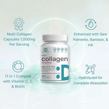 Multi Collagen Pills with Vitamin C, E & Biotin, 300 Capsules – Hydrolyzed Collagen Peptides – 11 in 1 Formula with Saw Palmetto, Bamboo Silica, & Hyaluronic Acid – Hair, Skin, Nail, & Joint Health