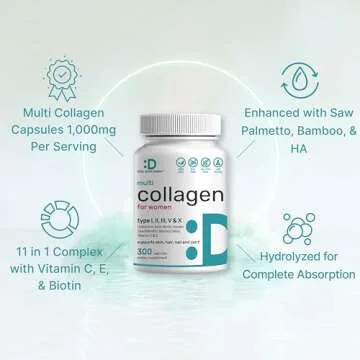 Multi Collagen Pills with Vitamin C, E & Biotin, 300 Capsules – Hydrolyzed Collagen Peptides – 11 in 1 Formula with Saw Palmetto, Bamboo Silica, & Hyaluronic Acid – Hair, Skin, Nail, & Joint Health