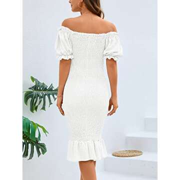 SENFURE Women's Smocked Midi Dresses Short Puff Sleeve Swiss Dot Bodycon Dress Ruffle Shirred Party Cocktail Mermaid White
