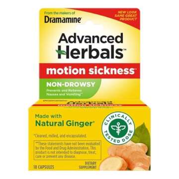 Dramamine Motion Sickness Relief, Non-Drowsy, Naturals with Ginger, 18 Ct. (Pack of 2)