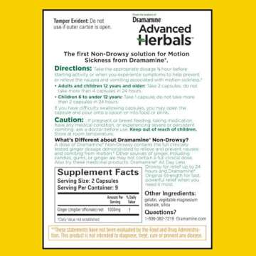 Dramamine Motion Sickness Relief, Non-Drowsy, Naturals with Ginger, 18 Ct. (Pack of 2)