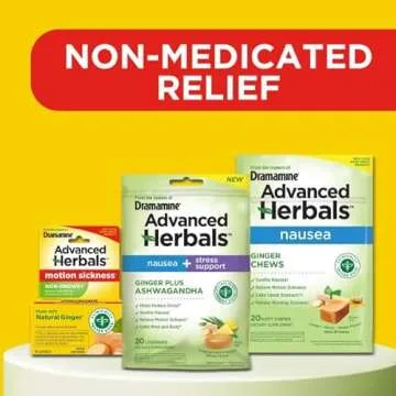 Dramamine Motion Sickness Relief, Non-Drowsy, Naturals with Ginger, 18 Ct. (Pack of 2)