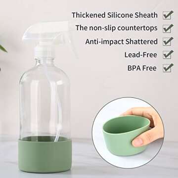 HOMBYS 16 Oz Clear Glass Spray Bottles with Silicone Sleeve,Empty Boston Bottle Spray Bottle with Adjustable Nozzle,Refillable Container for Cleaning, Essential Oils, Hair, Plants