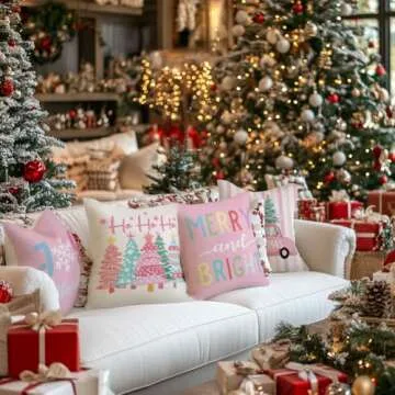 GEEORY Christmas Throw Pillow Covers 18 x 18 Inch Set of 4, Xmas Trees Truck Merry and Bright Pink S...