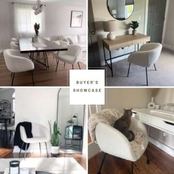 DUOMAY Modern Faux Fur White Barrel Dining Chair, Upholstered Accent Side Chair Makeup Vanity Chair with Back Living Room Leisure Chair with Black Metal Legs for Bedroom Dining Room