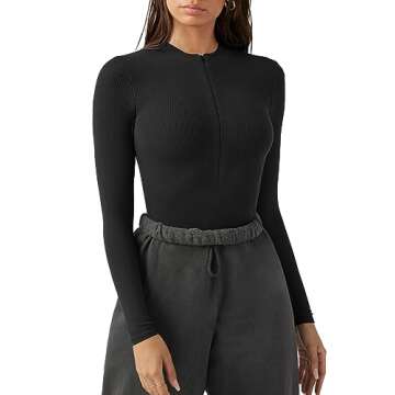 MISSJOY Black Bodysuit Women Sexy Ribbed Deep V Neck Slimming Long Sleeve for Women Tops T Shirts L