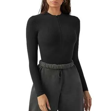 MISSJOY Black Bodysuit Women Sexy Ribbed Deep V Neck Slimming Long Sleeve for Women Tops T Shirts L