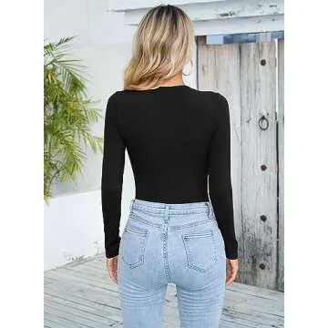 MISSJOY Women's Sexy Ribbed Deep V Neck Bodysuit - Chic Fashion