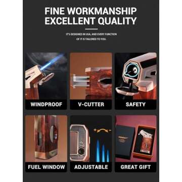 Butane Torch Lighter with V Cutter, Windproof Jet Flame Lighter Torch Refill, Adjustable Refillable Butane Lighter Gifts for Men, with Fuel Window, Butane not Include