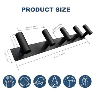 VAEHOLD Black Wall Mount Rack 5 Hooks Stylish Organizer
