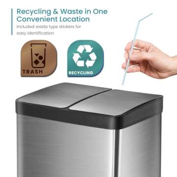 Home Zone Living 15.8 Gallon Kitchen Trash Can, Dual Removable Liners for Recycling and Trash, Wide ...