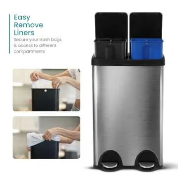 Home Zone Living 15.8 Gallon Kitchen Trash Can, Dual Removable Liners for Recycling and Trash, Wide Stainless Steel Shape (7.9 + 7.9 for 15.8 Gallon Total)