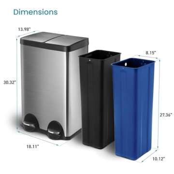 Home Zone Living 15.8 Gallon Kitchen Trash Can, Dual Removable Liners for Recycling and Trash, Wide Stainless Steel Shape (7.9 + 7.9 for 15.8 Gallon Total)