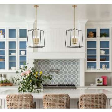 Kira Home Bellevue 18" 4-Light Modern Farmhouse Lantern Pendant Light, Adjustable Foyer Chandelier, Warm Brass Accents + Black Finish