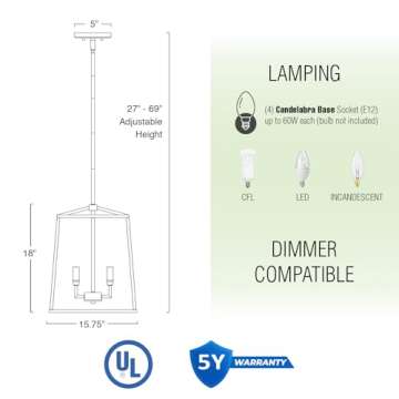 Kira Home Bellevue 18" 4-Light Modern Farmhouse Lantern Pendant Light, Adjustable Foyer Chandelier, Warm Brass Accents + Black Finish