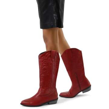 mysoft Women's Cowboy Boots Mid Calf Cowgirl Embroidered Western Pointed Toe Chunky Heel Pull On Knee High Boots