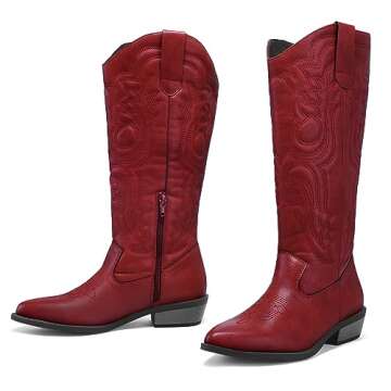 mysoft Women's Cowboy Boots Mid Calf Cowgirl Embroidered Western Pointed Toe Chunky Heel Pull On Knee High Boots